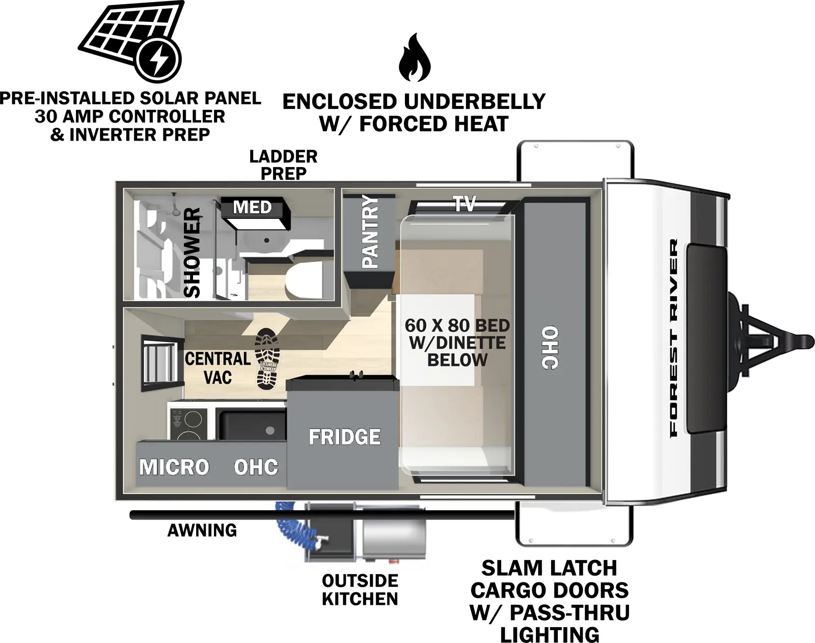 The Ibex 16RKB floorplan has one entry and zero slide outs. Exterior features include: fiberglass exterior and outside kitchen. 